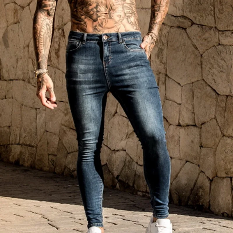 Потертые джинсовые мужские брюки, обтягивающие джинсы в стиле хип-хоп, уличная одежда, повседневные Черные мужские джинсы синего цвета, узкие Стрейчевые байкерские узкие джинсовые брюки
