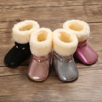 

2020 Baby Winter Rivet Boots Thicken Fur PU Leather Newborn Snow Booties Rose Gold Prewalker Warm Boots Soft Sole Boots