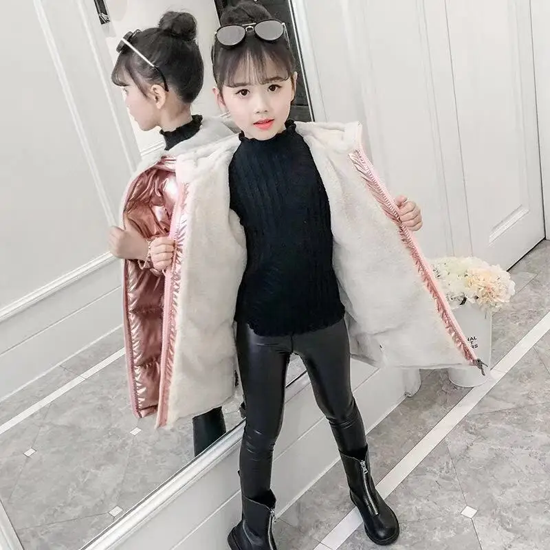 Comprar Chaqueta larga brillante de tejido dorado rosa de invierno para niñas con capucha cálida y brillante de algodón para niños abrigos Parkas para niños