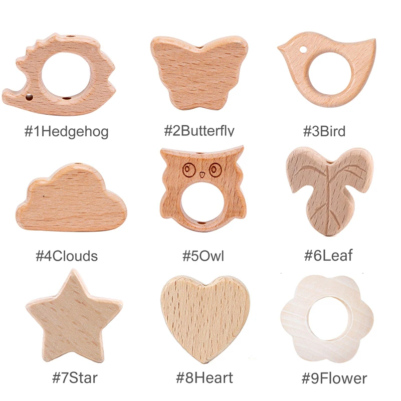 Baby Teething Toys 10pcs Beech Wooden Beads Baby Teether Rodent Mini Birds Hearts Beads DIY Necklace Pacifier Chain Crafts Jewelry Children Product