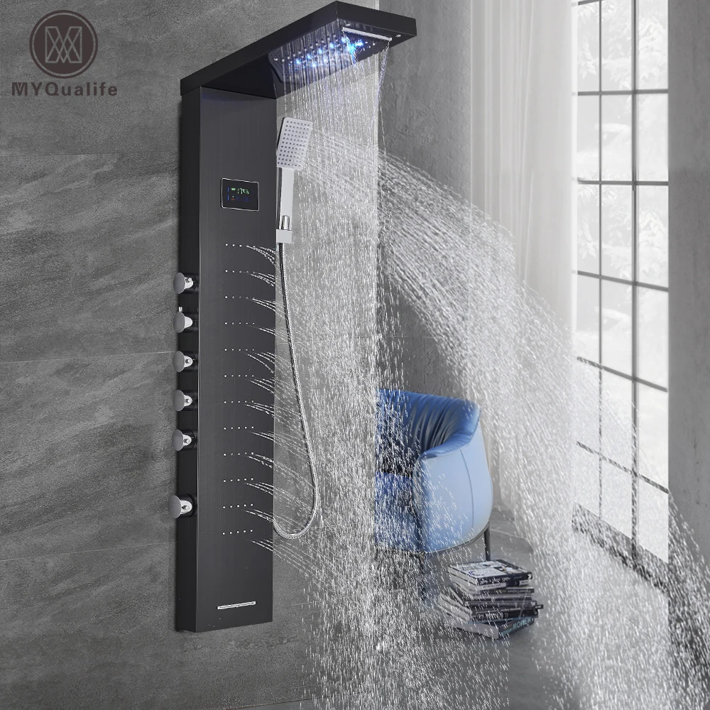 Bathroom Black Rain Shower Panel Column Massage Jets Sprayer Taps Wall Mounted 