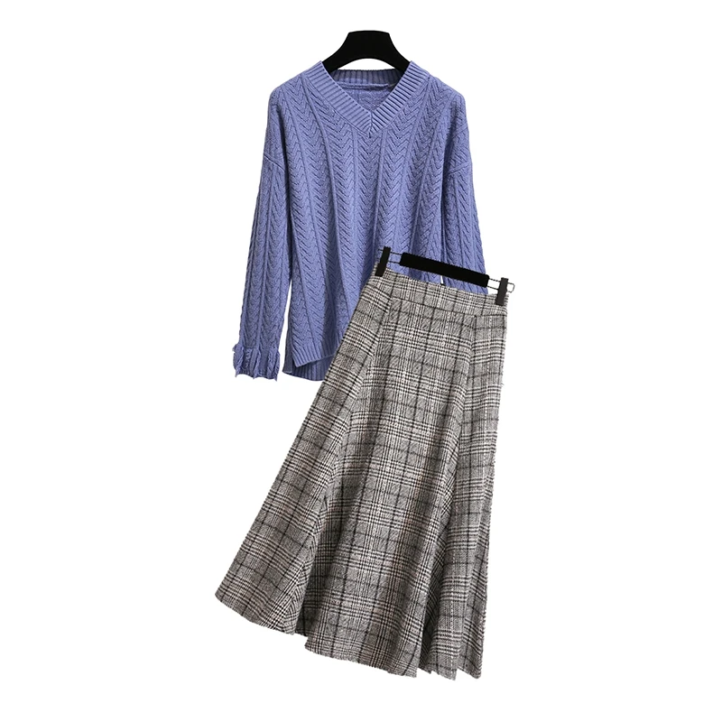 

Autumn V-Neck Sweater Relaxed Joker Knit Grid Skirt Suit Leisure Outfit Women 2 Pcs Clothing Set Knitwear Office Fashion Lady