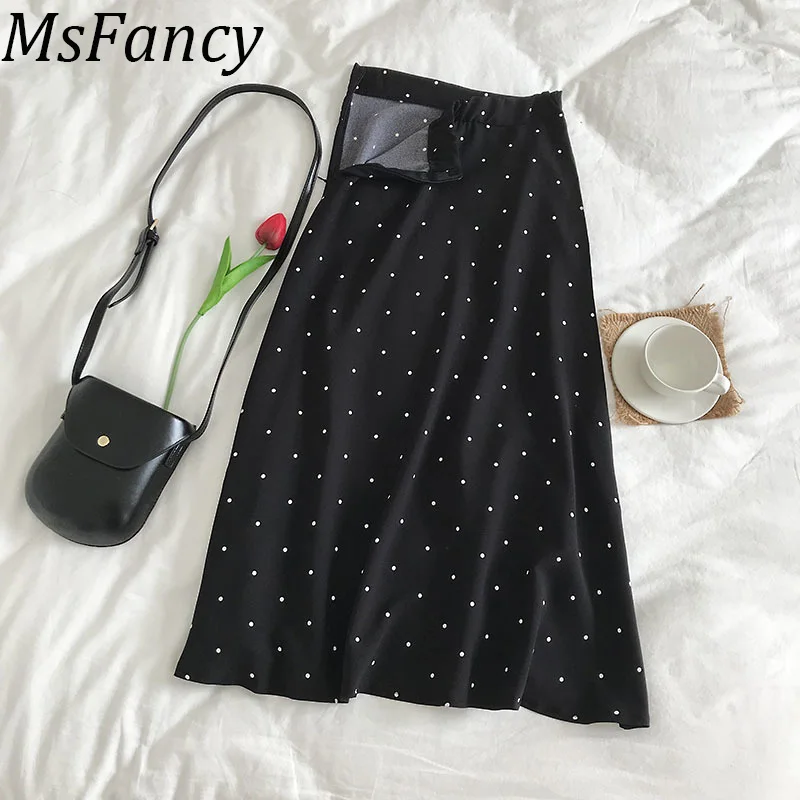 Prezzo Donne della molla A Vita Alta Polka Dots Chiffon Nero Del Pannello Esterno Midi Gonne Vintage Gonna Lunga Gonne Mujer Moda 2019