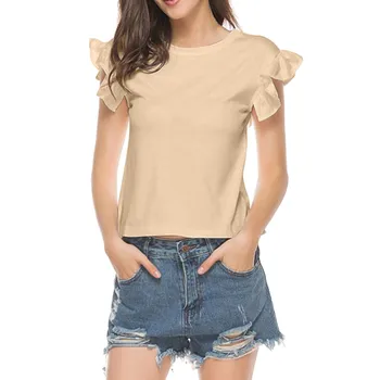 

t shirt summer women Casual Elegant Ruffles Women Tops O-Neck Solid Bow Back Hollow Tie T-shirt Ruffle Sleeve Backless Top W0509