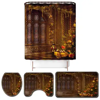 

Merry Christmas Bathroom Set Snowman Window Waterproof Shower Curtain Toilet Cover Mat Non Slip Rug