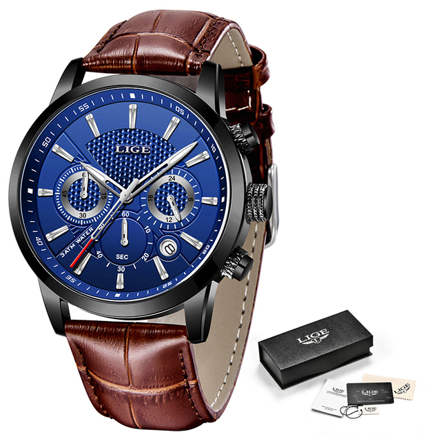 New Mens Watches LIGE Top Brand Leather Chronograph Waterproof Sport Automatic Date Quartz Watch For Men Relogio Masculino