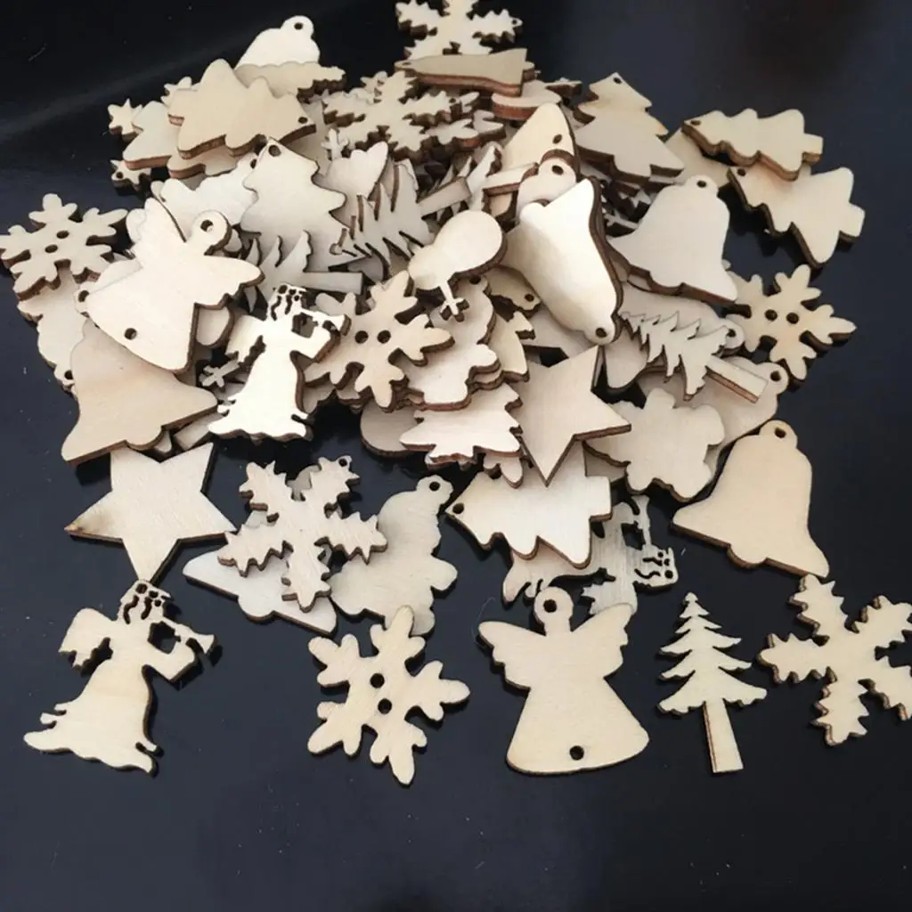 50 Pcs Trees Shapes Nature Decorations Sets for Kids - Angle, Ring Bell, Tree, Snowflakes Shaped Wooden Embellishments