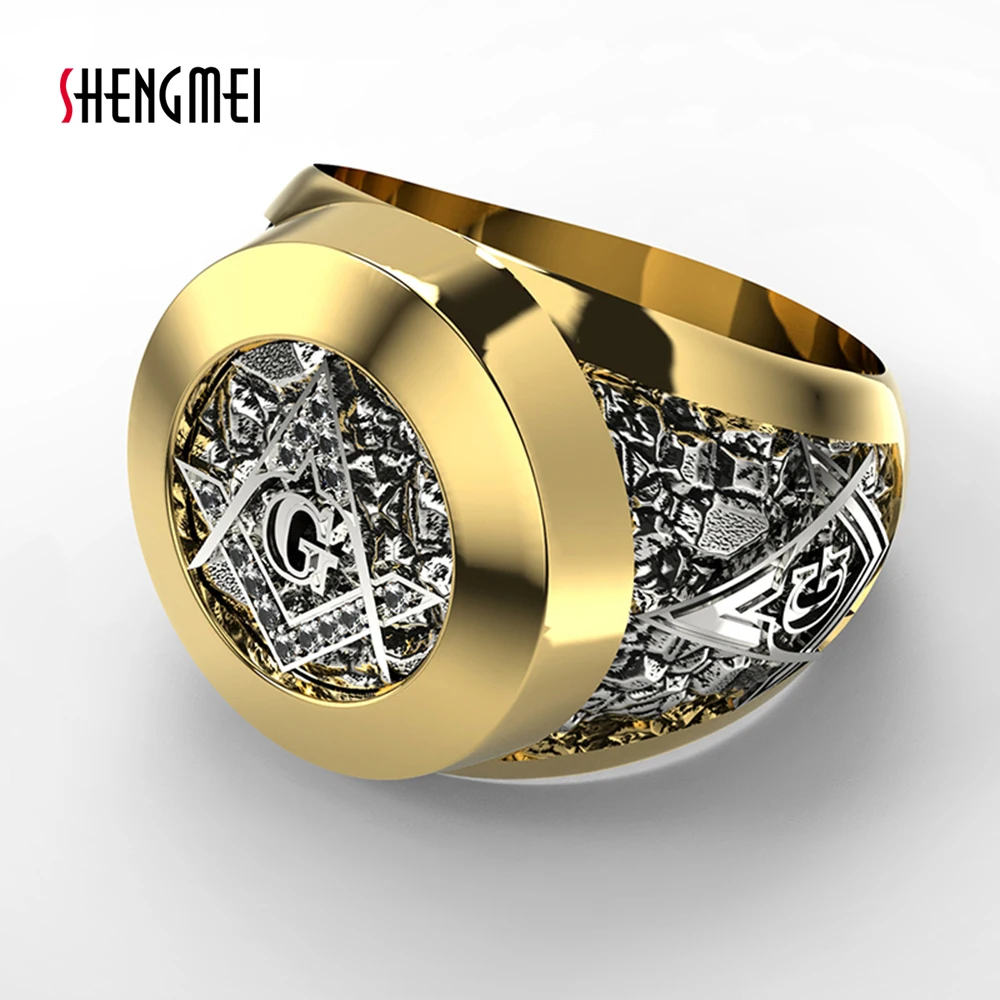 

Shengmei Vintage 316L Stainless Steel Masonic Ring For Men AAA CZ Zircon Creative Gold Silver Men Jewelry SP372