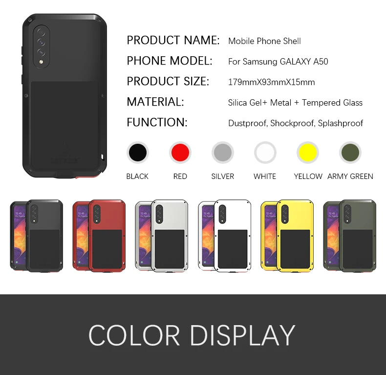 Мощный чехол Love Mei для samsung Galaxy A50, противоударный алюминиевый/металлический чехол Gorilla из закаленного стекла для Galaxy A50