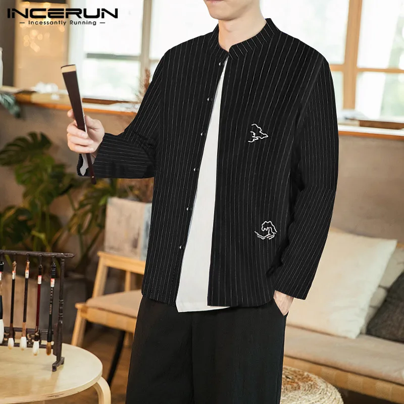 INCERUN, винтажная Мужская рубашка в полоску, воротник-стойка, вышивка, хлопок, длинный рукав, брендовая уличная одежда, Camisa, повседневные рубашки для мужчин, 3XL