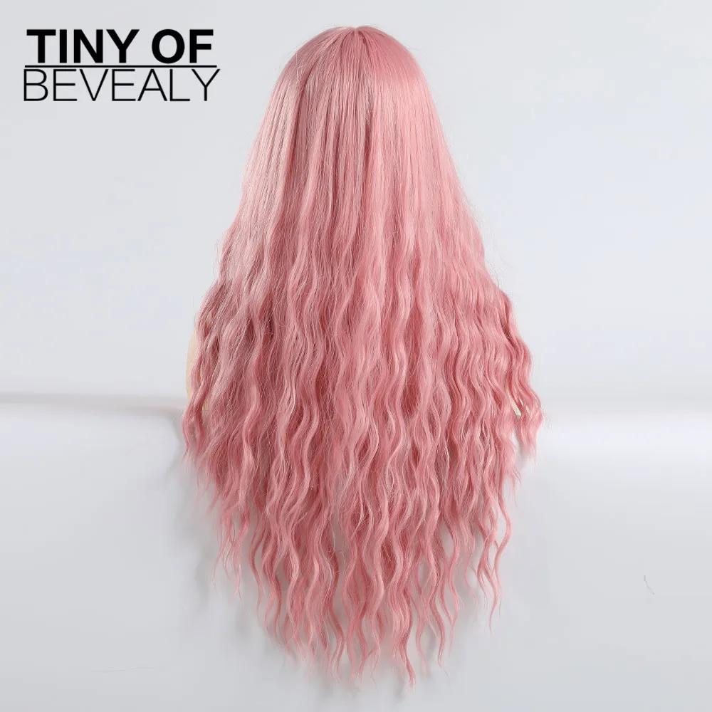 Long Synthetic Wigs Pink Brown Water Wave Curly Cosplay Wigs With Bangs Heat Resistant Fiber for Women Hair Wigs