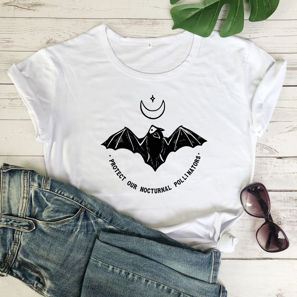 Защитите наш ночной поллинатор Футболка стильная Звезда Луна с принтом летучей мыши веганская футболка Новая Летняя женская футболка с графикой Harajuku - Цвет: white-black text