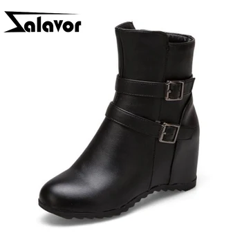 

ZALAVOR 2020 Winter Warm Ankle Boots Fashion Buckle Solid Color Height Increasing Shoes Zipper Women Footwear Size 33-43