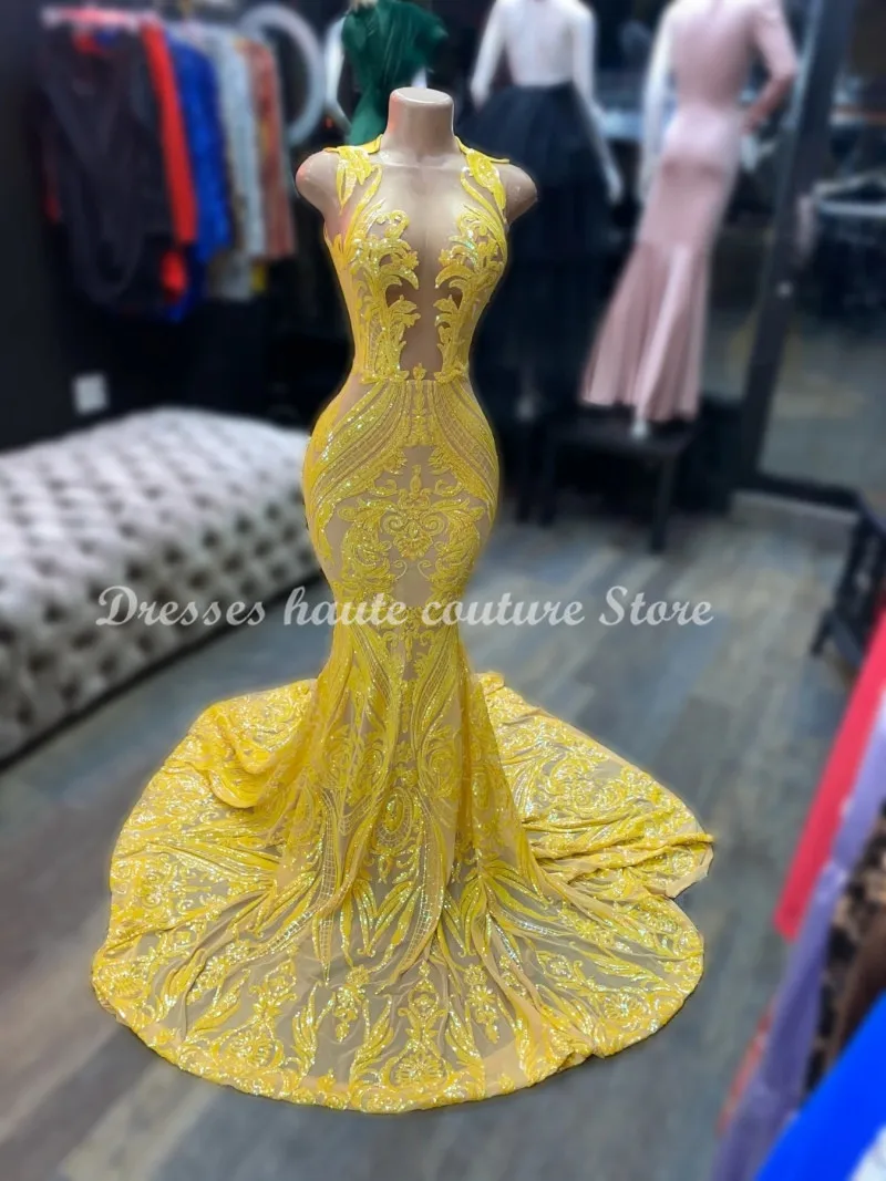 2022 Black Girl Long Yellow Mermaid Prom Dress Illusion Tassel Plus