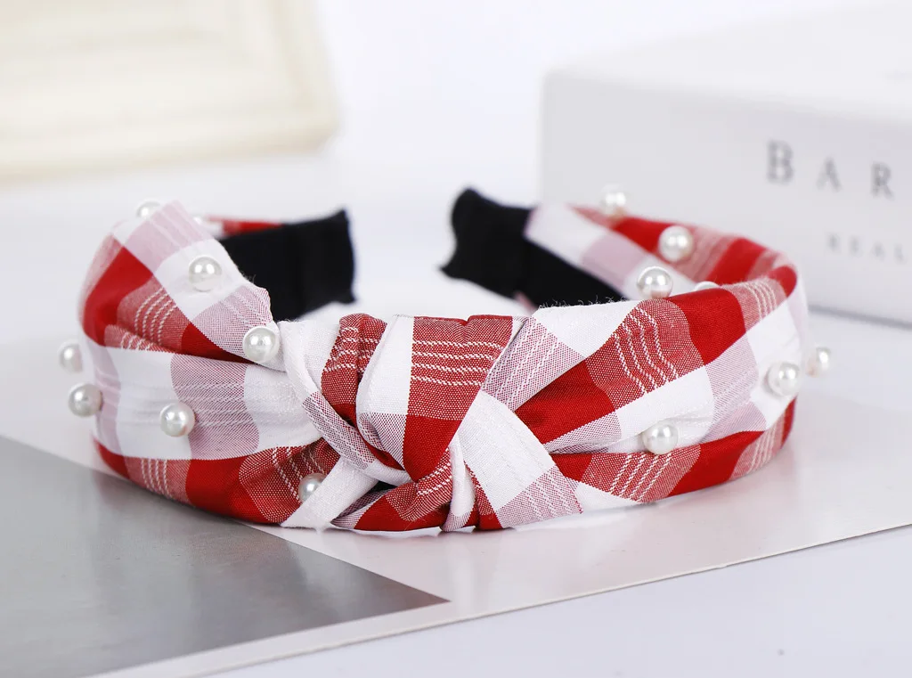 Korean-style British Style Chunky Plaid Stripes Hair Bands Nail White Pearl Japanese Korean Cross Elastic Fabric Head Buckle Hea