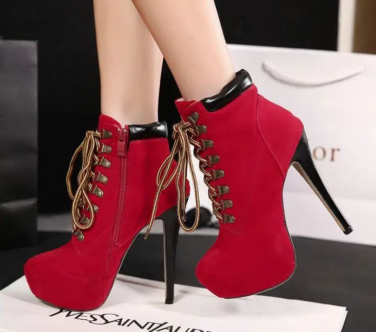 Новые зимние женские ботильоны на высоком каблуке; пикантные Теплые осенние ботинки на платформе; модная женская обувь; 458ki - Цвет: Красный
