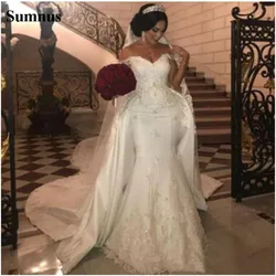 Sumnus Elegant Off Shoulder Mermaid Wedding Dresses With Detachable Train Lace Appliqued Satin Plus Size African Bridal Gown