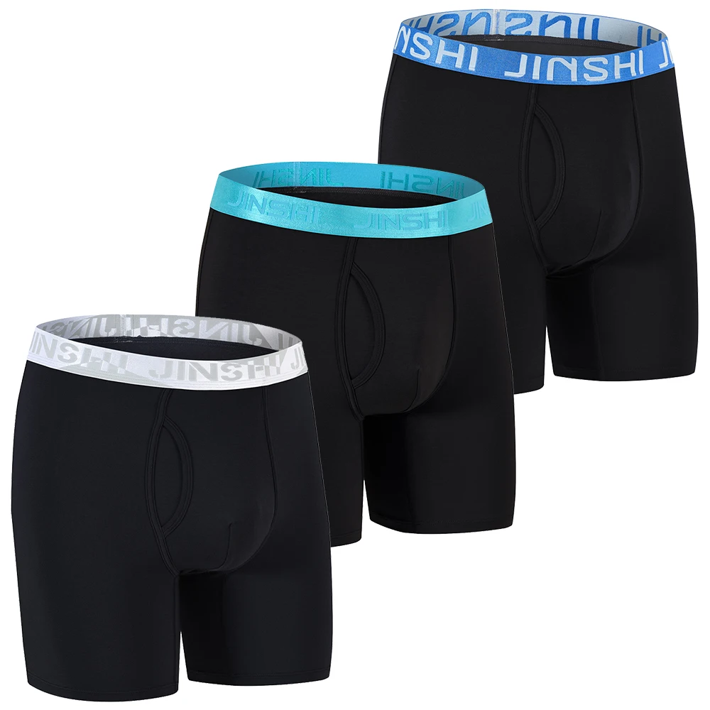 Jinsh Black 3 Pack Men's Long Leg Boxer Briefs No Ride Up Bamboo Breathable Open Fly Underwear Size M-3XL