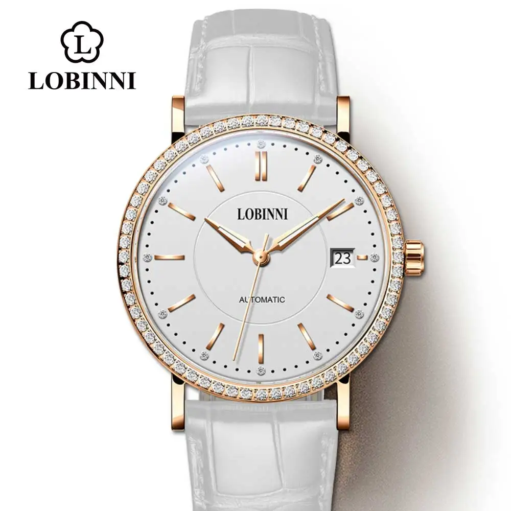 Часы швейцарские Lobinni женские механические Роскошные автоматические с кожаным
