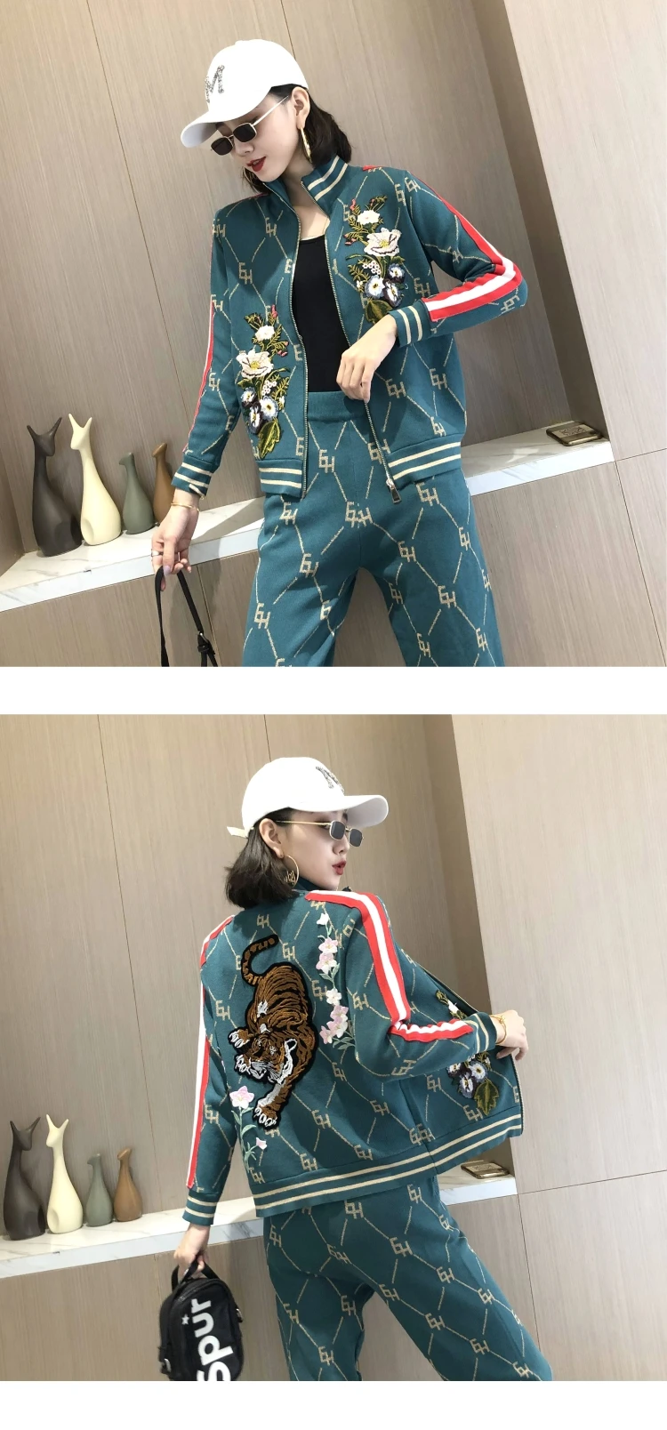 10.10  High quality Autumn Women embroidery flower contrast color knitted cardigan sweaters coat casual pants Two piece set