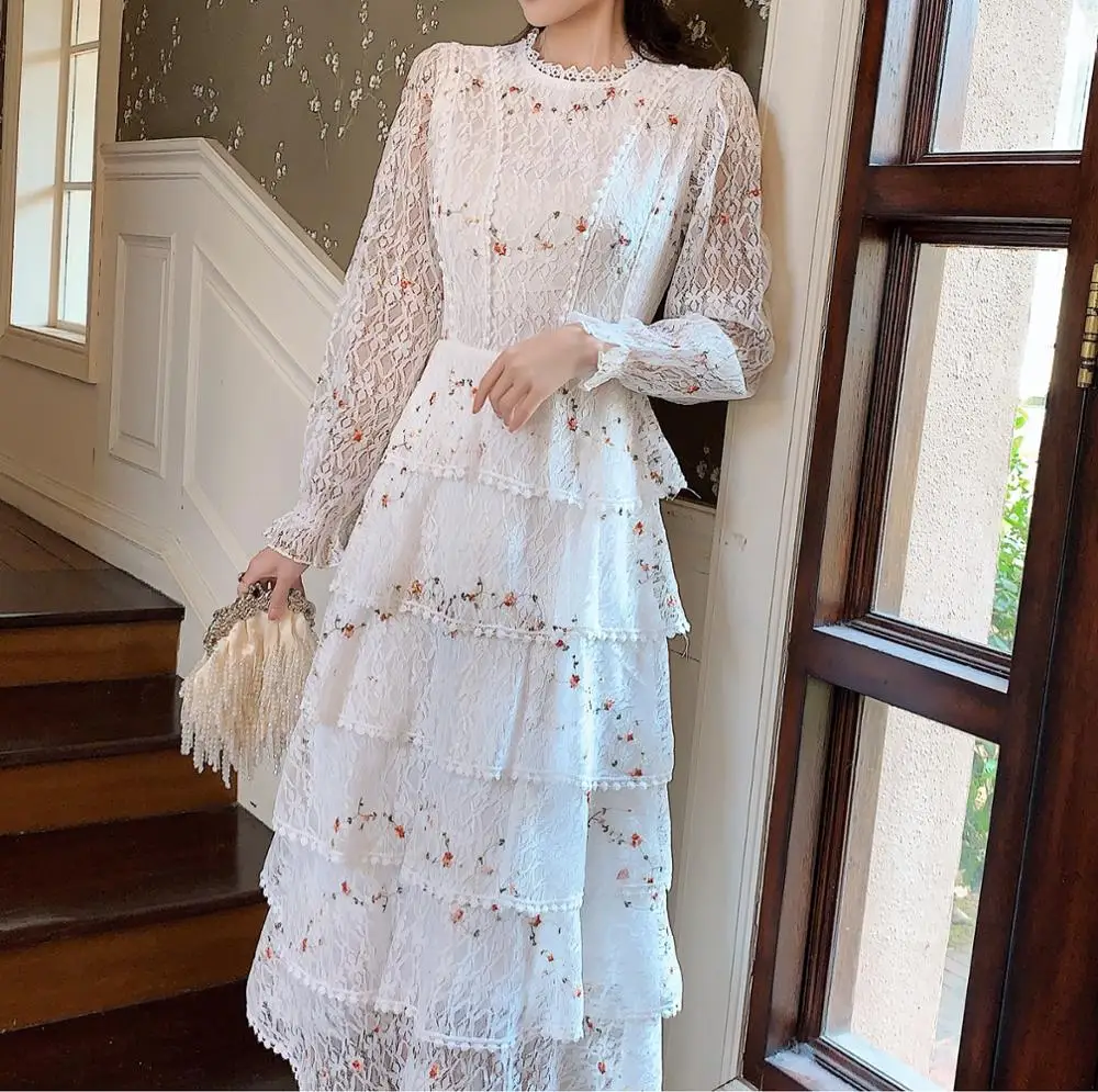 

2020 pring Summer white Pink Lace Embroidery Maxi Dress Female Full sleeve high waist Ruffle elegant Long party dresses Woman