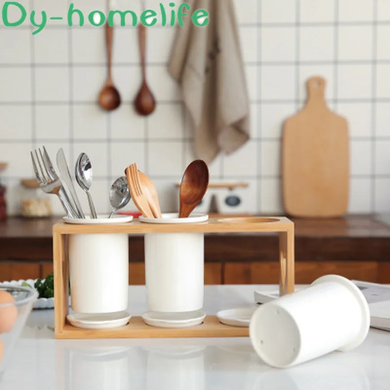 

Japanese 3-hole Bamboo Shelf Ceramic Tableware Drain Shelf Household Kitchen Supplies Multifunction Spoon Fork Chopsticks Shelf