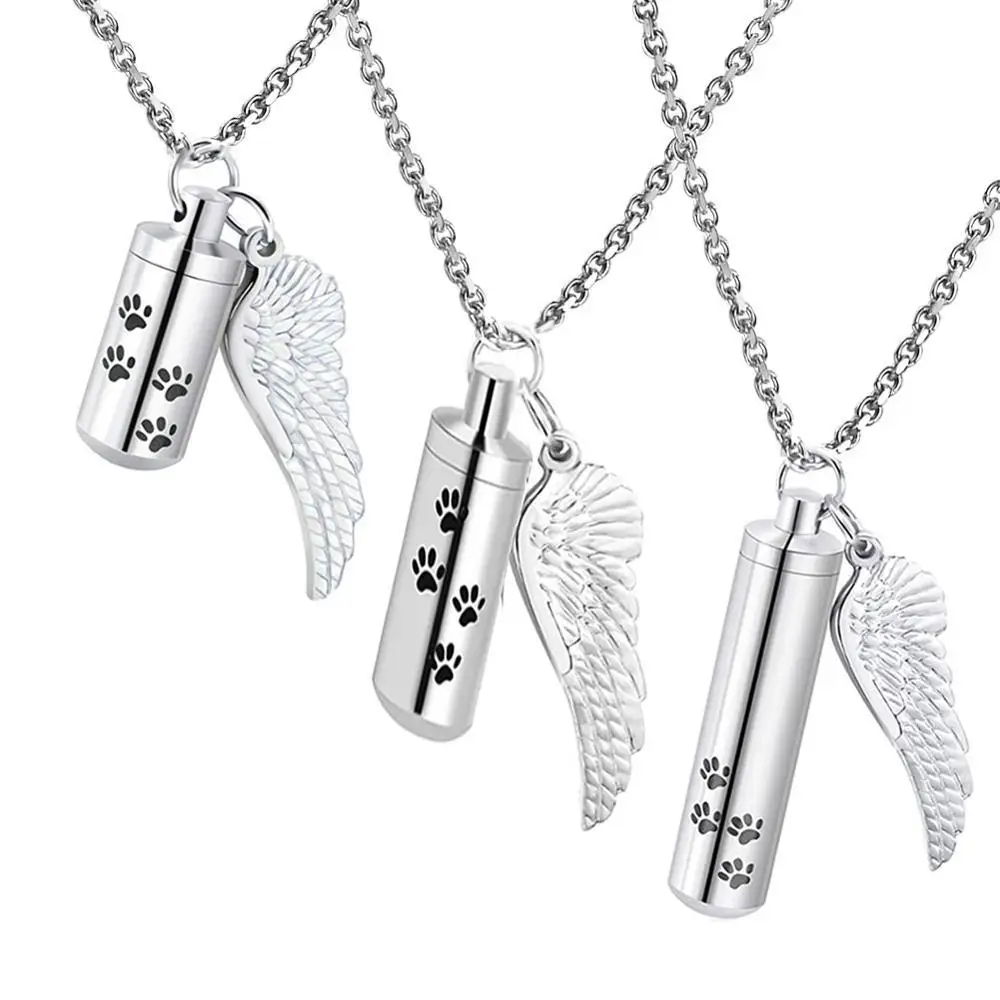 Cremation Urn Pet Cremation Jewelry Dog Paw Urn Necklace For Ashes With Angel Wing Charm & Cylinder Eternity Stainless Steel Ashes Necklace