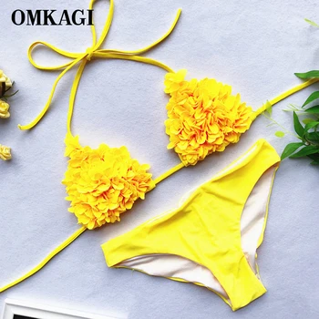 

OMKAGI Swimwear Women Printed Bikini Solid Sexy Bandage Swimsuit Low Waist Biquini Push Up Bikini Set Maillot De Bain Femme