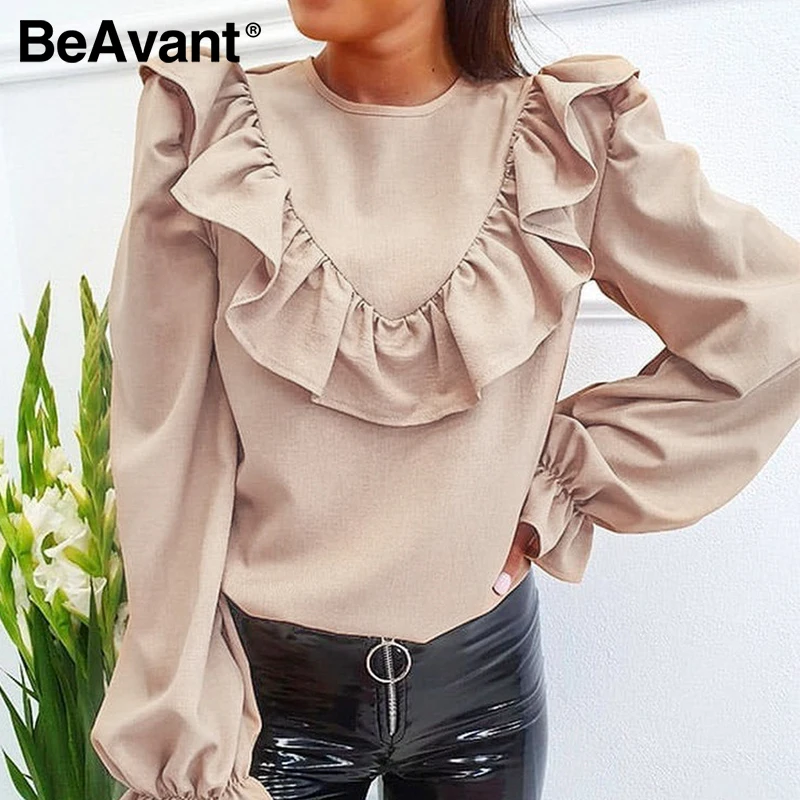 

BeAvant Fashion Solid Loose Blouses Shirts Office Women 2020 O Neck Ruffles Casual Blouse Tops Elegant Female Blusa Retro