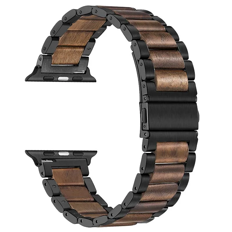 Black Steel Walnut Ремешок из нержавеющей стали и натурального дерева для часов iWatch Apple Watch Series 5 4 3 2 44 мм 40 мм 42 мм 38 мм для мужчин и женщин ремешок на запястье - Цвет ремешка: Black Steel Walnut