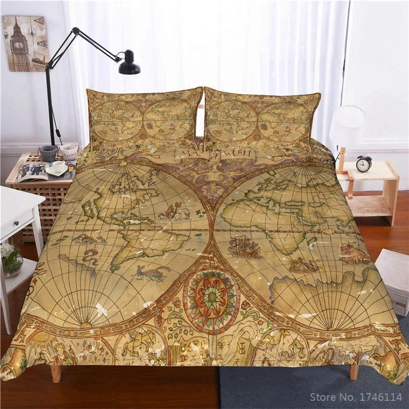 3D World Map Printed Bohemian Duvet / Comforter Cover Pillowcase Set