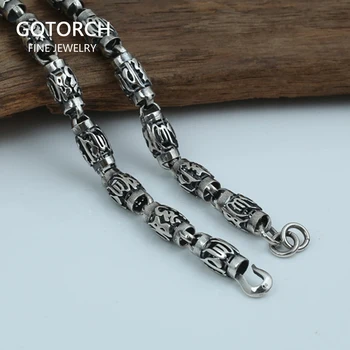 

Real Heavy 925 Sterling Silver Chain Necklace Men Vintage Punk Six Words Carving 8mm Cylindrical Buddhism Jewelry