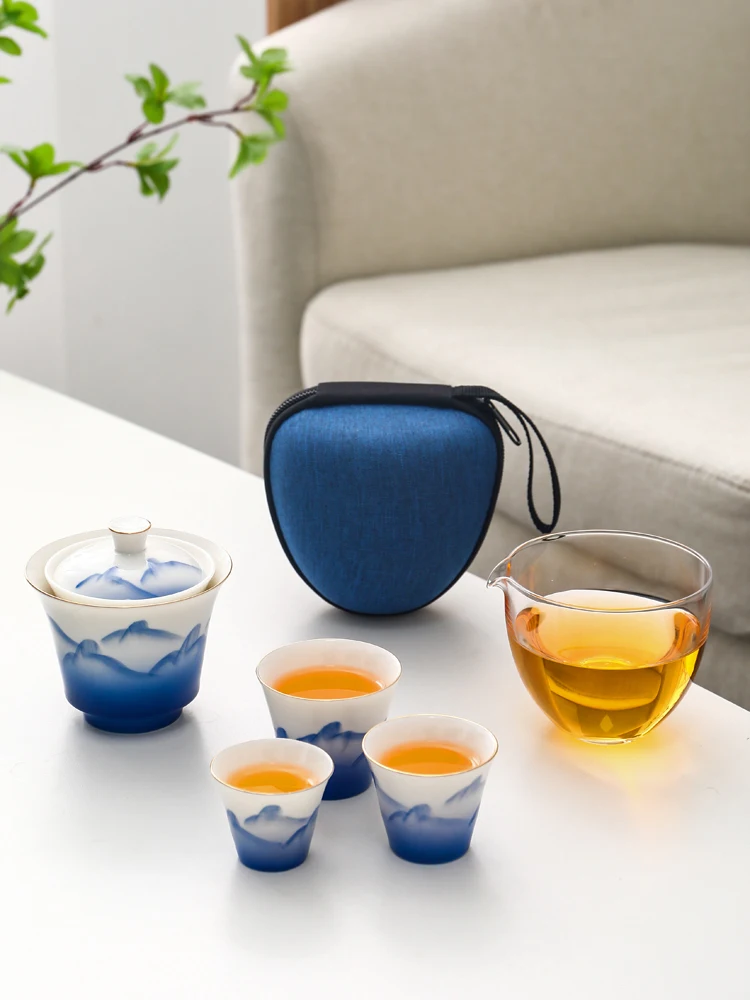 

LUWU расписанный вручную Ландшафтный Фотофон с 3 чашками дорожный чайный набор с чехлом