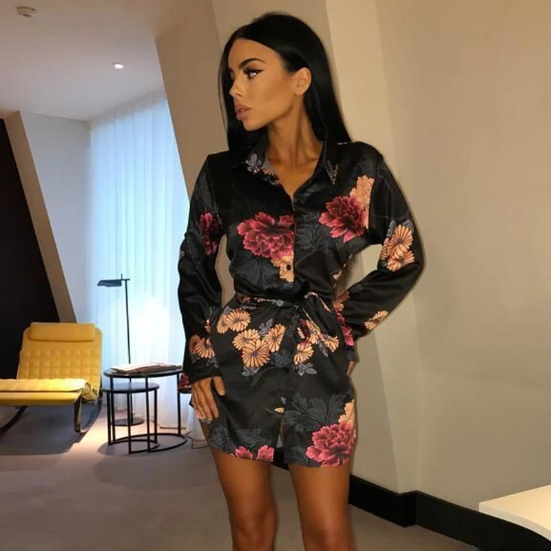 Summer Sexy Women Silk Satin Shirt Dress Ladies Print Floral Long Sleeve Loose Short Mini Dresses Beach Party Dress