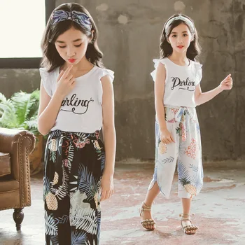 

Children's Clothing 2020 Summer New Girls Clothes Set Letter Short SleeveT Shirt Wide Leg Pants 2Pcs Suits Kids Outfits