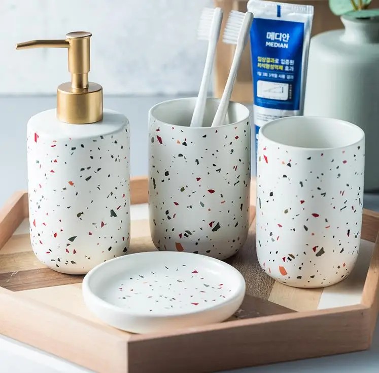 Terrazzo Ceramic Bathroom Decor Set Emulsion Bottle Gargle Cup Image 4