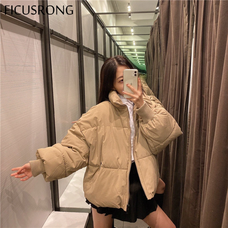 

FICUSRONG Women Solid Khaki Oversize Parkas Thick 2020 New Winter Zipper Pockets Female Warm Elegant Coat Jacket