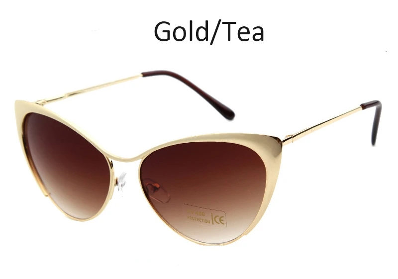 Gold Tea Сексуальные зеркальные солнцезащитные очки кошачий глаз, женские новые модные роскошные Брендовые женские солнцезащитные очки, Женские винтажные очки с металлической оправой UV400 - Цвет линз: Gold Tea