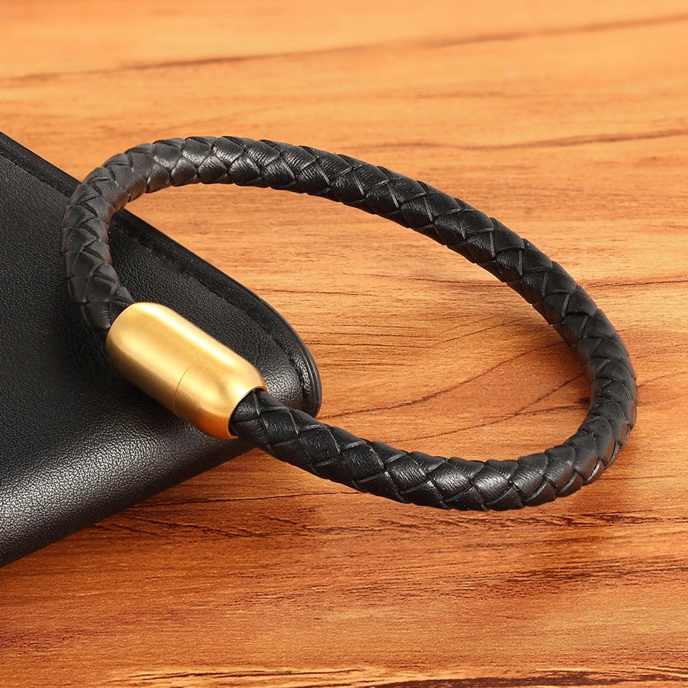 Fashion Simple Style Stainless Steel Men’s Leather Bracelet Multi-color Black Leather Bangle For Boys Handsome Birthday Gift