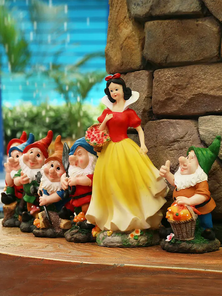 Estatuas De Jardín Blancanieves Y Los 7 Enanitos - Resina, Blancanieves 38.5 Cm, Enanitos 20 Cm, Decoración Exterior