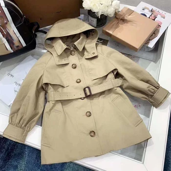 

Per-sale Ship in End of August 2020 Autumn Boys Trench Coat Hat Detachable Lantern Sleeve Belt Mid-length Trench Coat Girls Coat