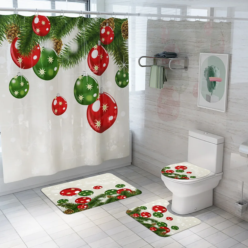 Санта-Рождество печать туалет коврик для ванной и занавеска для душа комплект из четырех предметов# C