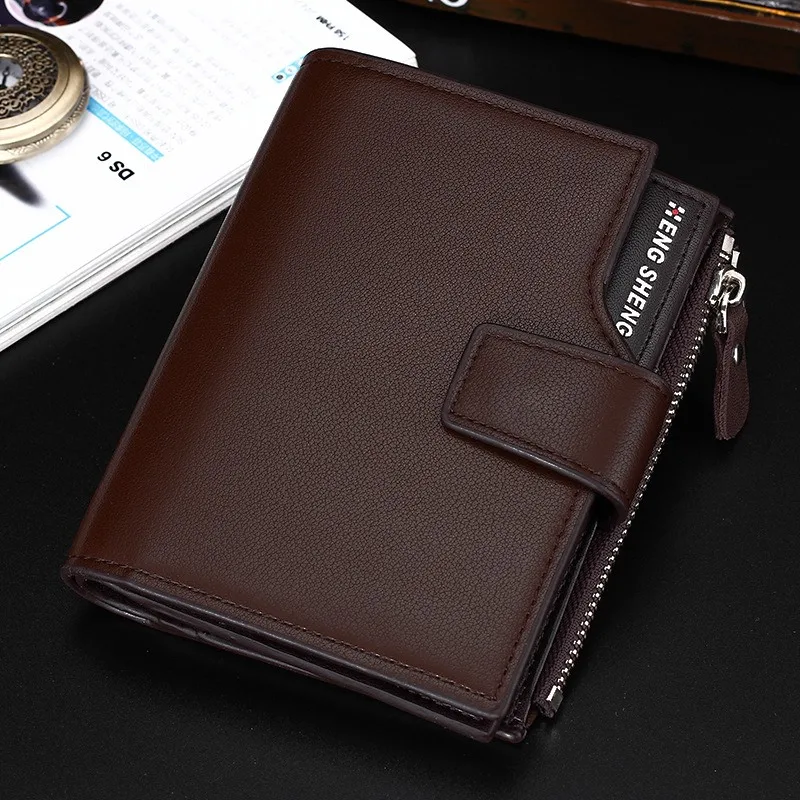 New Classic Fashion men's wallet Short vertical locomotive British casual multi-function card bag zipper buckle 3 Folds Card Hol - Цвет: Кофе