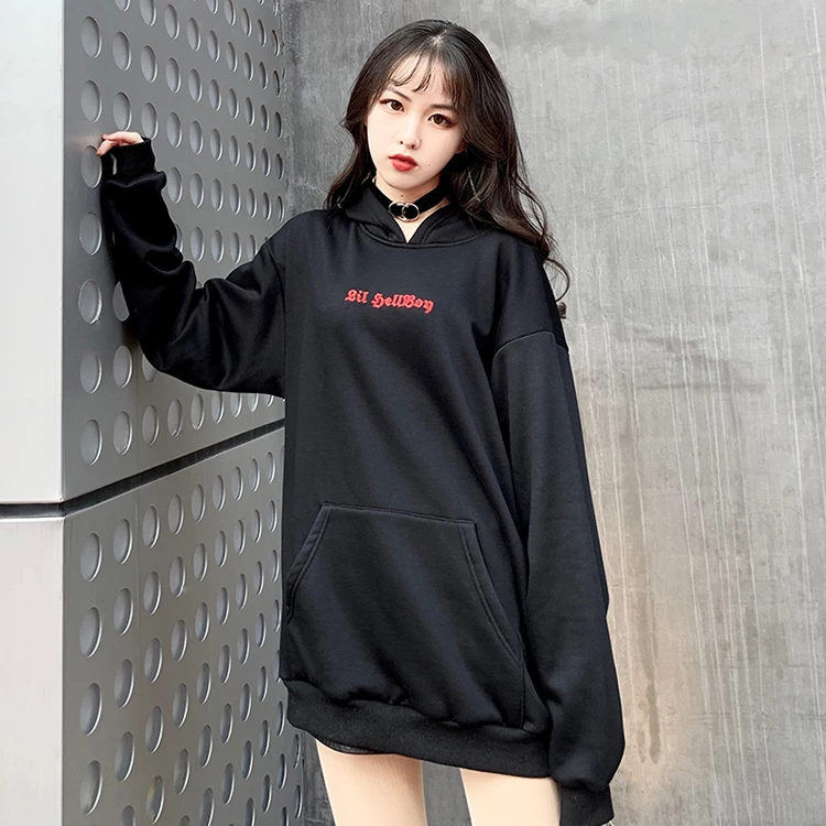 Fall Black Harajuku Hoodies Women Sweatshirt Punk Gothic Girls Devil Wing Loose Autumn Pullover Top Warm Casual Sweatshirt