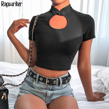 

Rapwriter Gothic Hollow Out Stand Collaer Summer T-shirt Women Black Short Sleeve Crop Tops Tees Vintage T Shirt Women top femme