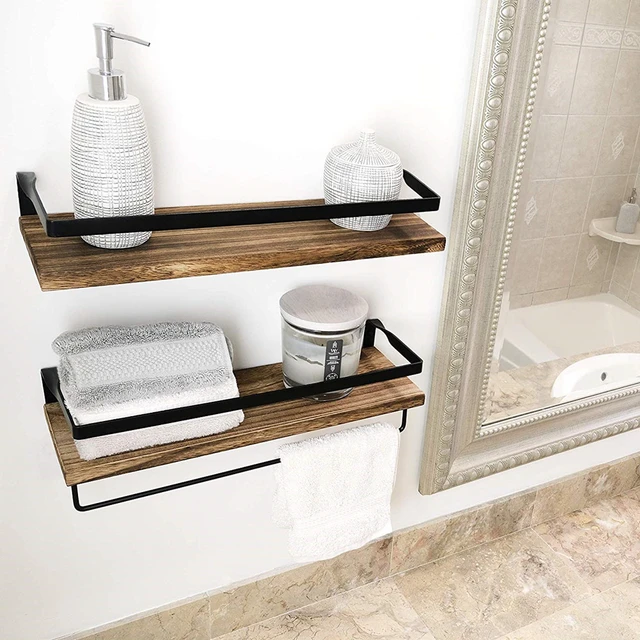 Decorative Wall Shelves Set of 2 for Bathroom with Towel Bar - On