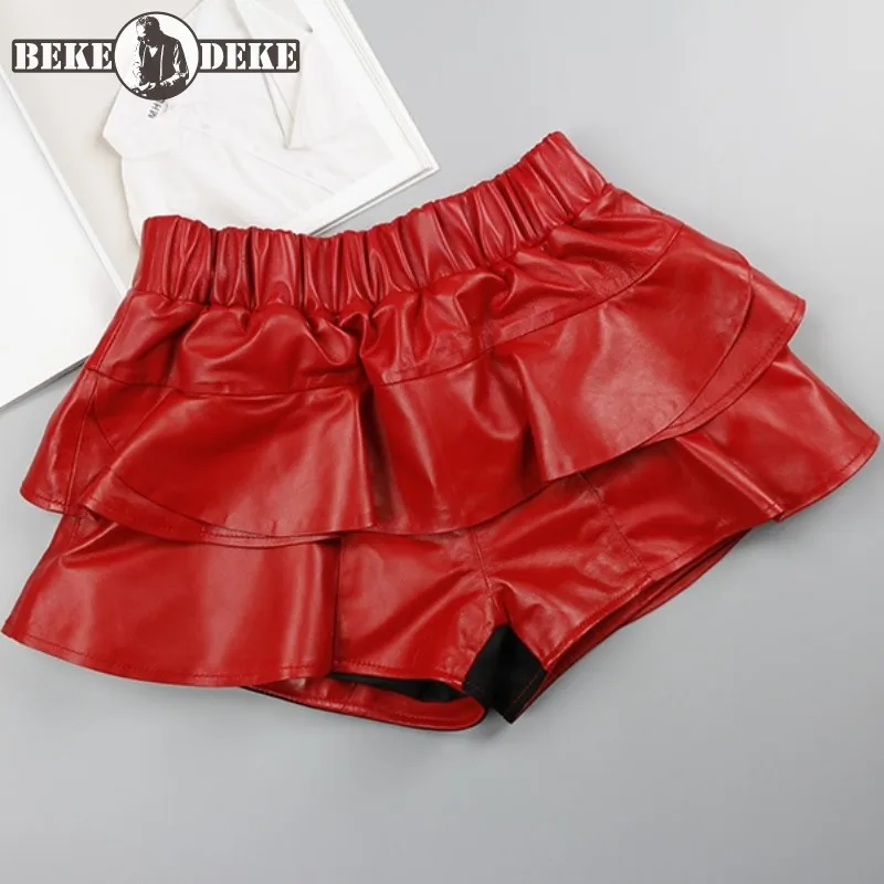 Design Sweet Ruffle Genuine Leather Shorts Skirt Women Elastic