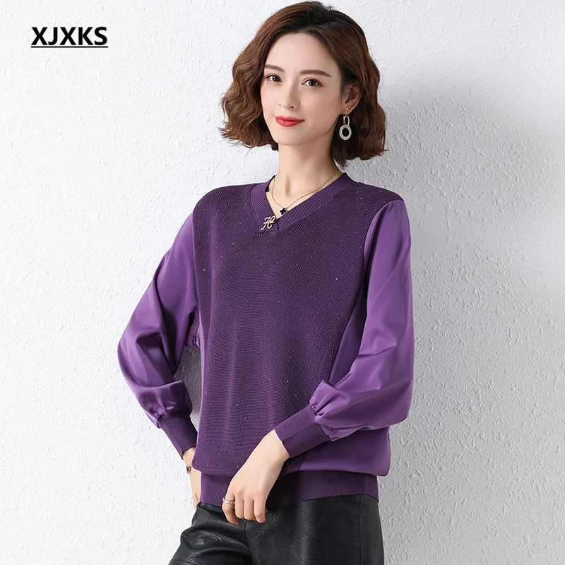 

XJXKS 2022 spring autumn new loose plus size women sweater high-end stitching knitted sweater women pullover