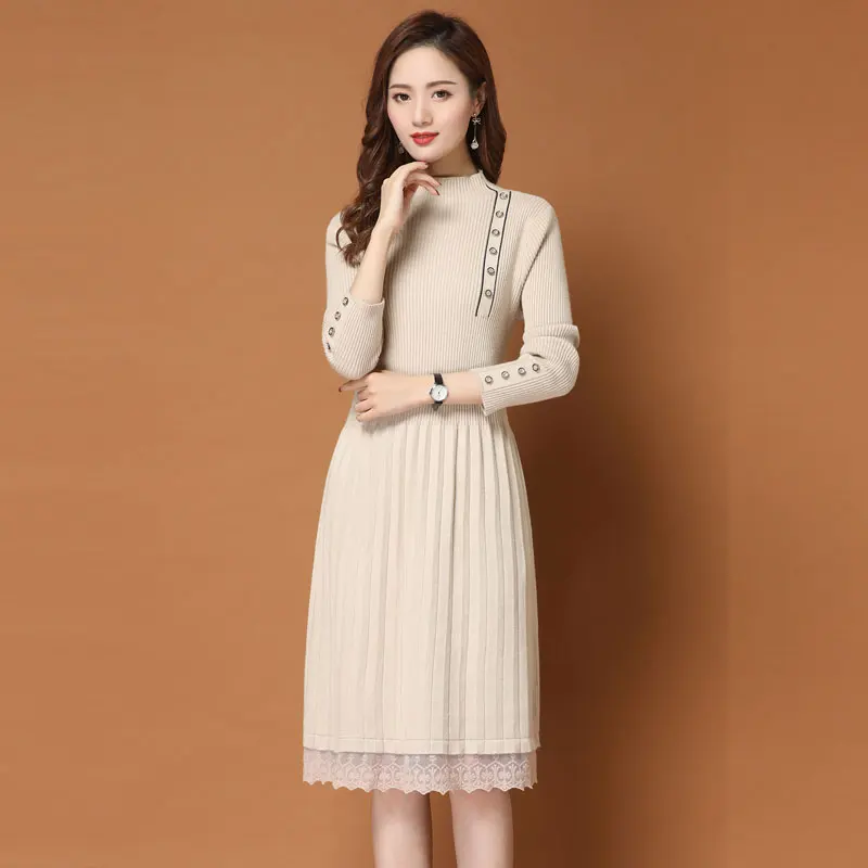 

Women Autumn Winter Bottoming Warm Knitted Dress Solid Color Half Turtleneck Mid-Long Sweater Dresses Female Baita Knit Dress