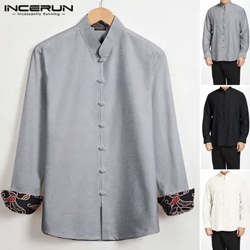 

INCERUN Chinese Traditional Shirt Men Tang Suit Stand Collar Button Long Sleeve Tops Solid Color Vintage Men Casual Shirts 2020